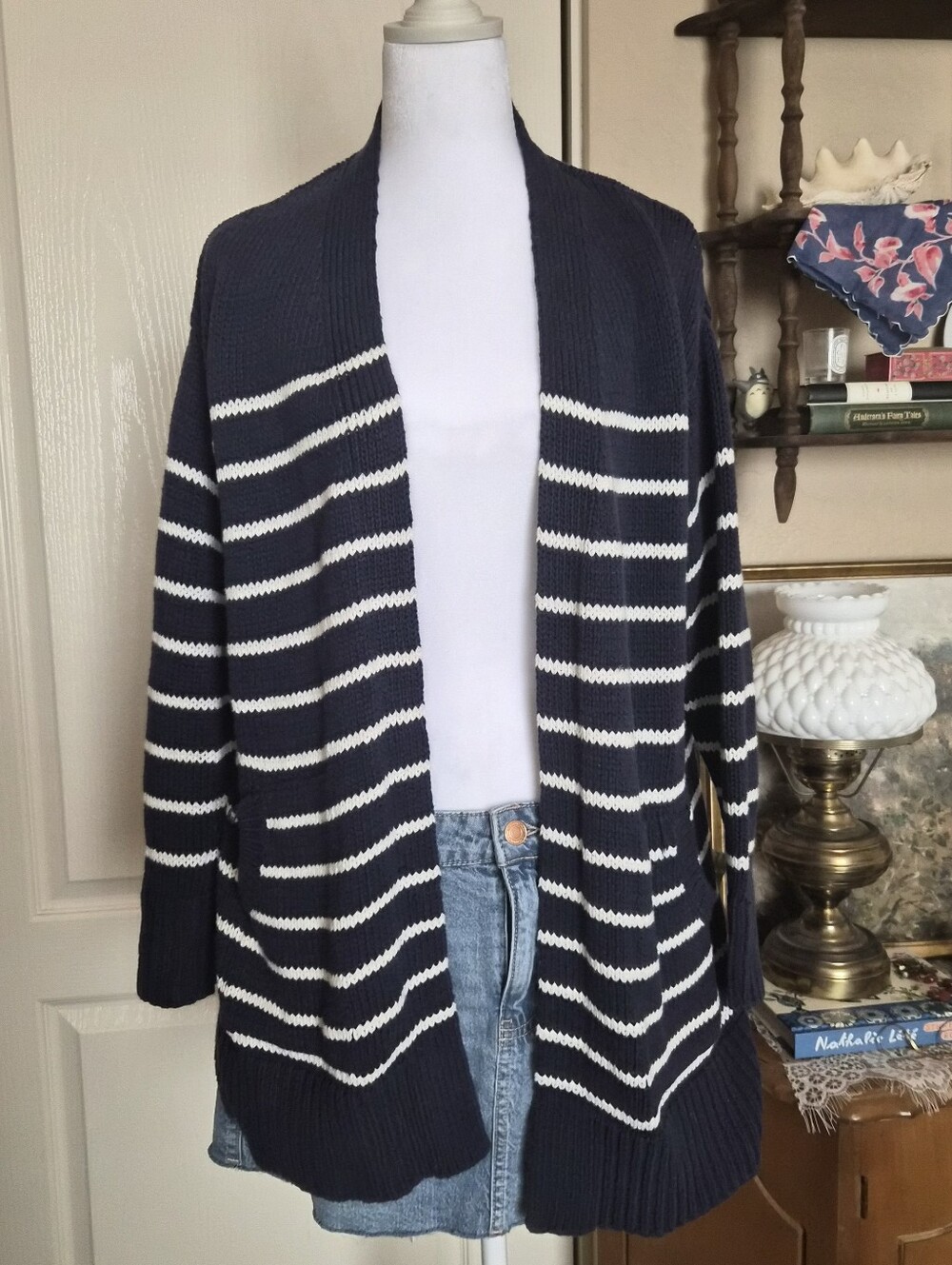 Lucky Brand Navy & White Striped Knit Cardigan Size L